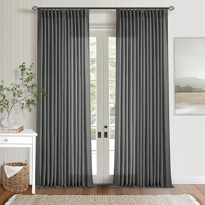 Charcoal Gray Linen Pinch Pleat Semi Sheer 120 Inch Curtains 2 Panels Set | by Twodrapes