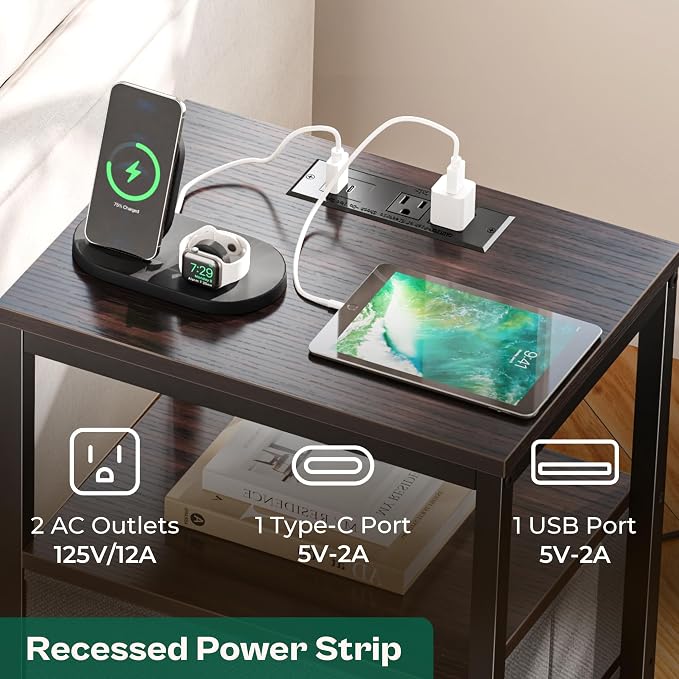 Huuger Nightstand with Charging Station, Fabric Drawers, End Table with Open - Image 4