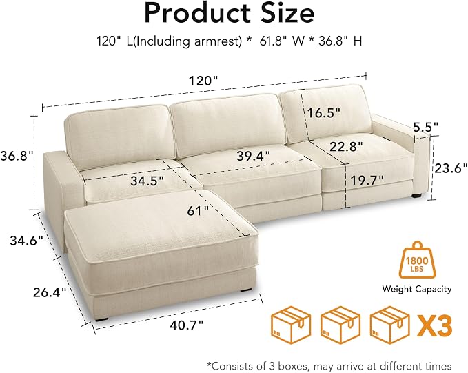 Vipbear 120" Oversized Modular Sectional Sofa, L Shaped Couch Set - Image 2