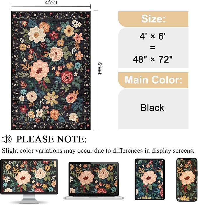 DUKINO 4x6 Area Rug, Floral Washable Office Rug Non Slip Chair Mat, Stain - Image 2