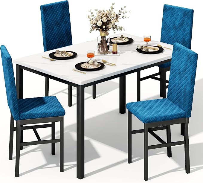 Recaceik Dining Table Set for 4, Modern 5 Piece Dining Table Set Faux Marble by Recaceik