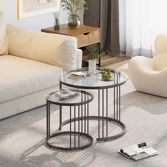 Garden 4 you Nesting Coffee Table, 23.6" Round Coffee Table Set of 2, Glass - Image 3