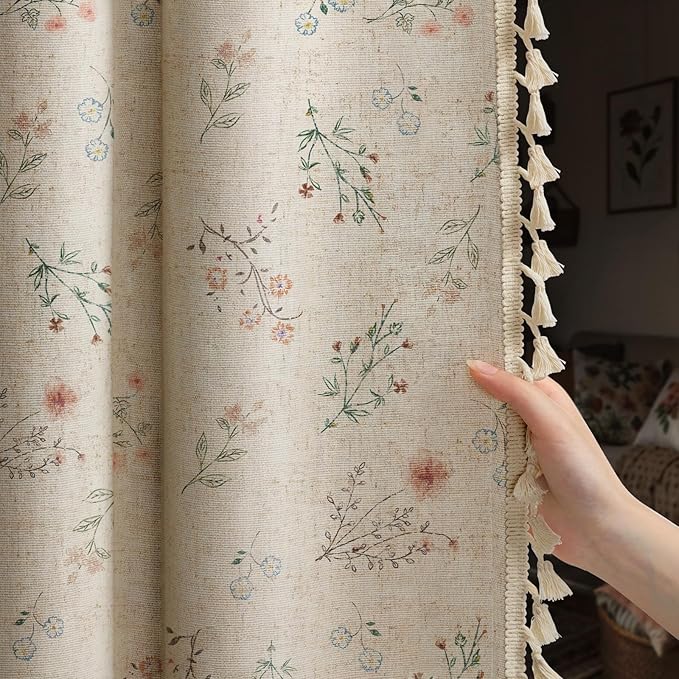 Boho Floral 100% Blackout Curtains 84 Inch 2 Panels Linen Texture | Farmhouse by Unknown
