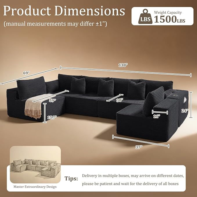 138" Cloud Sectional Couch, Comfort U Shaped Sofa - Image 2