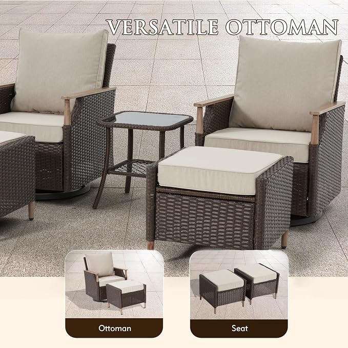 MELLCOM Patio Swivel Glider Rocker Chairs Set Wicker 5 Piece Patio Furniture - Image 7