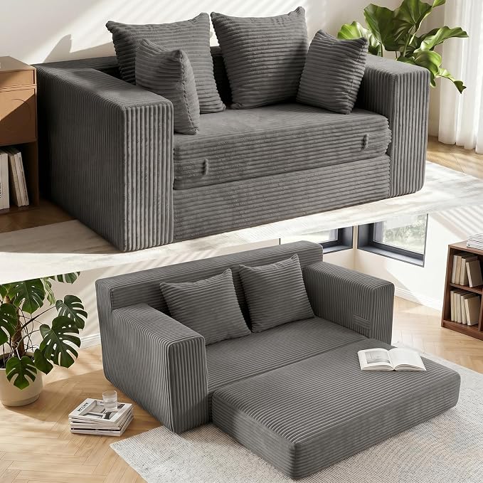Convertible 5 in 1 Futon Sofa Bed Full Size, Corduroy Boneless Couch Sleeper by AOLVDOW