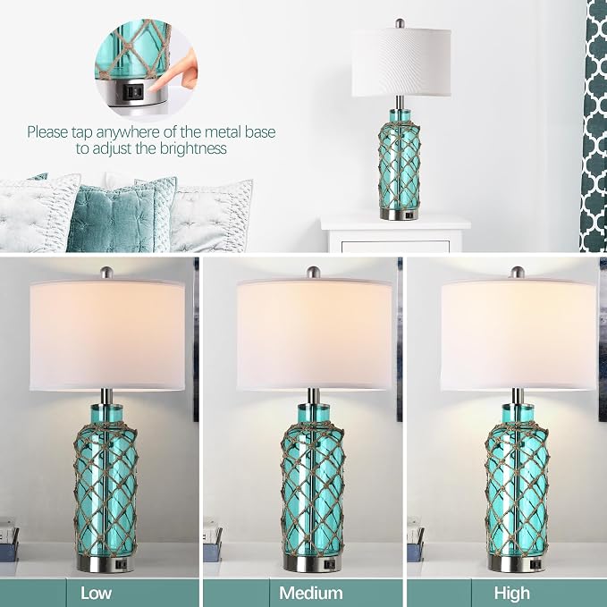 Cottage Nautical Accent Table Lamp Set of 2, Touch Coastal Blue Green Glass - Image 2