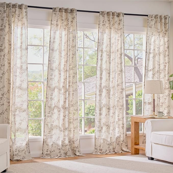 Taupe Vintage Floral Linen Curtains Farmhouse 38W X 84L 2 Panels | Elisa Series - Image 7