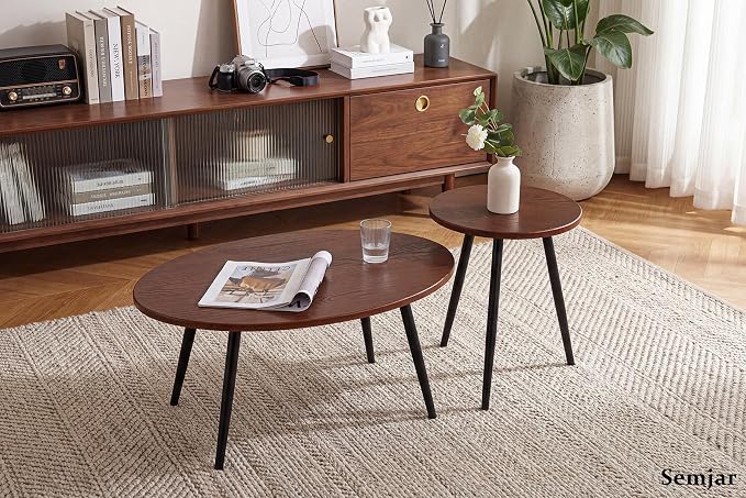 2 Pcs Small Oval Coffee Table, 31.5" Retro Walnut Coffee Tables Nesting Tables - Image 7
