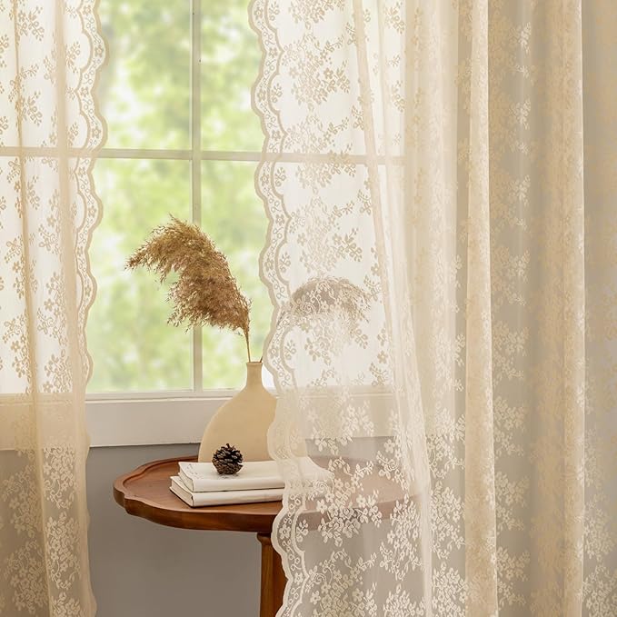 YJ YANJUN Vintage Lace Curtains 72 Inches Long-Victorian Flower Beige Voile by YJYANJUN