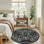 PLHXFR Round Area Rug Living Room: 4 ft Floral Washable Carpet Dark Black | - Image 3