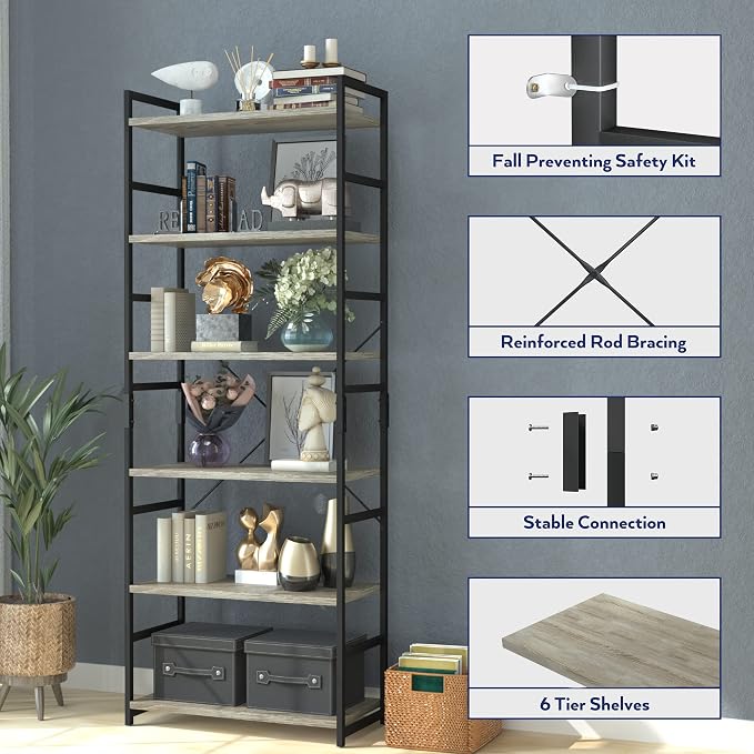 NUMENN 6 Tier Bookshelf, Tall Bookcase Shelf Storage Organizer, Modern Book - Image 6