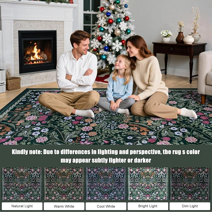 PLHXFR Area Rug 10x12 Living Room: Floral Washable Boho Carpet Dark Green | - Image 9