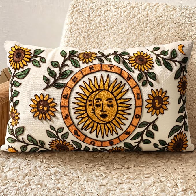 Embroidered Lumbar Pillow Cover 20x12 Inch, Sunflower Moon | Decorative Throw by Kokaaee