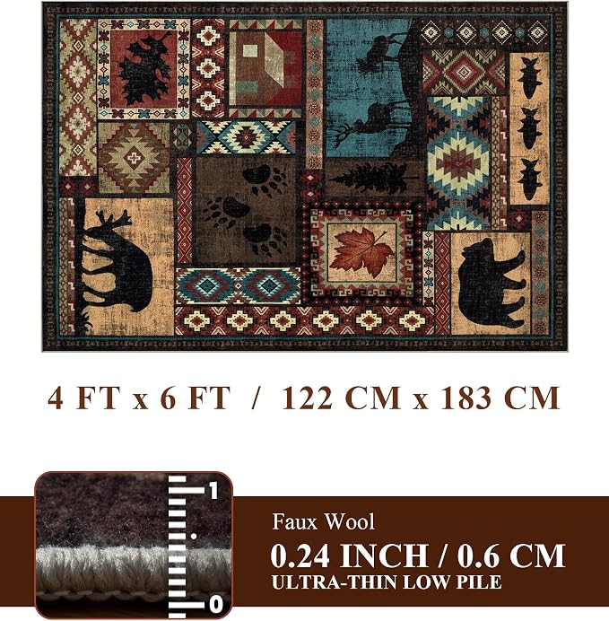 Rustic Cabin Area Rug 4x6, Machine Washable Lodge Bear Rug, Non-Slip Low Pile - Image 2