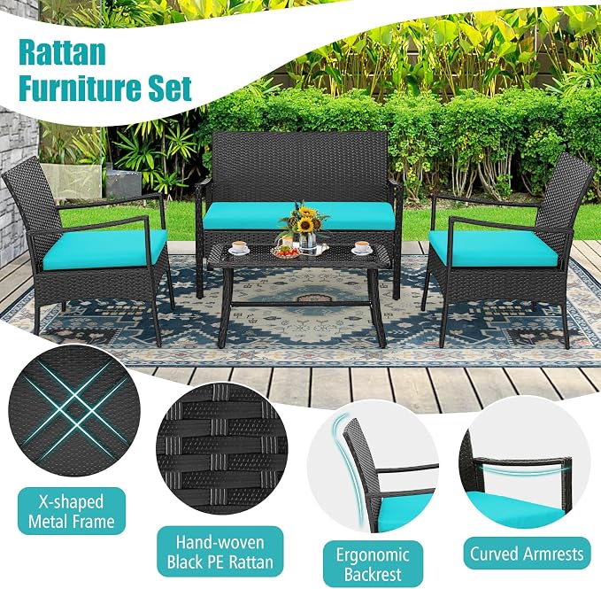 Tangkula 4 Pieces Rattan Conversation Set, Patio Sofa Couch Set - Image 5