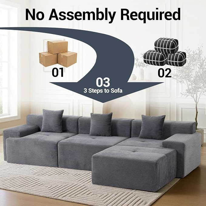 119'' Modular L-Shaped Boneless Sectional, Corduroy Deep Seat Cloud Sectional - Image 7