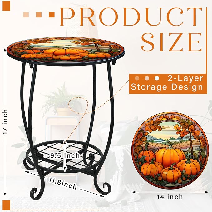Cinnvoice Outdoor Side Table Round Small Mosaic Patio Accent Indoor End Plant - Image 3