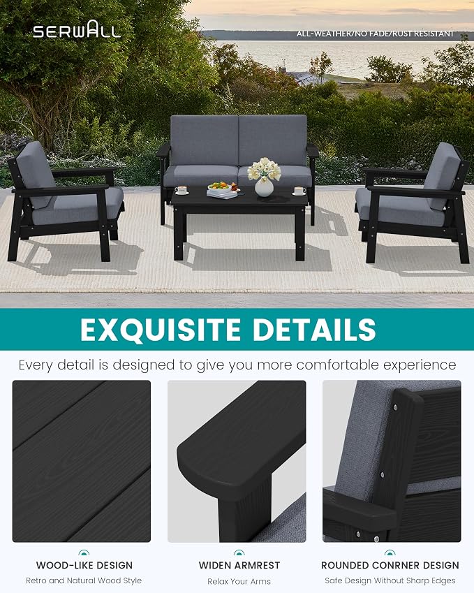 SERWALL 4 Piece HDPE Outdoor Furniture Set, All Weather Wood-Like Outdoor Sofa - Image 4