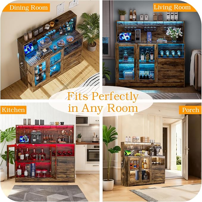 Home Bar Cabinet with Adjustable RGB LED Light, Wine & Coffee Storage with Rack - Image 7