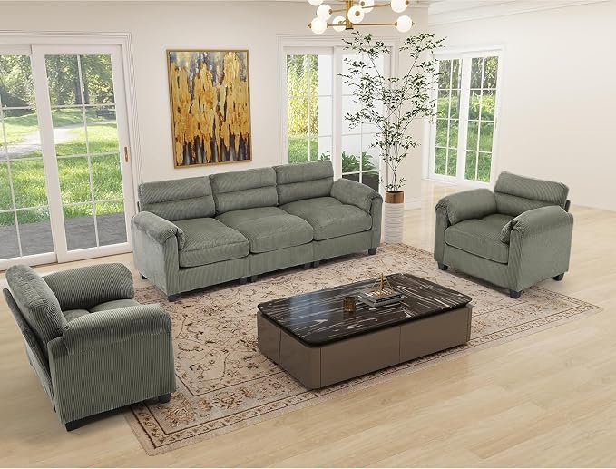 HAOMARKETS Corduroy 4-piece Sofa Set, Upholstered Ottoman, Loveseat 2-Seater - Image 7