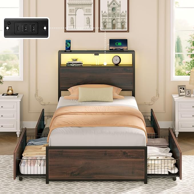 Rolanstar Twin Bed Frame with 4 Storage Drawers & 2-Tier Storage Headboard - Image 8