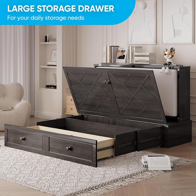 Mjkone Murphy Cabinet Bed Queen Size, Solid Wood Mobile Wall Beds Chest - Image 8