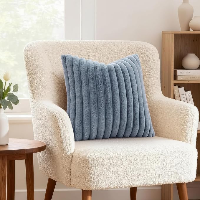 decorUhome Fall Faux Fur Throw Pillow Covers 18x18 Set of 2 Grey Blue | - Image 4