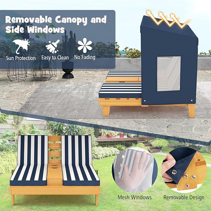 HONEY JOY Kids Chaise Lounge Chair Outdoor, Toddler Wood Double Pool Lounger - Image 6