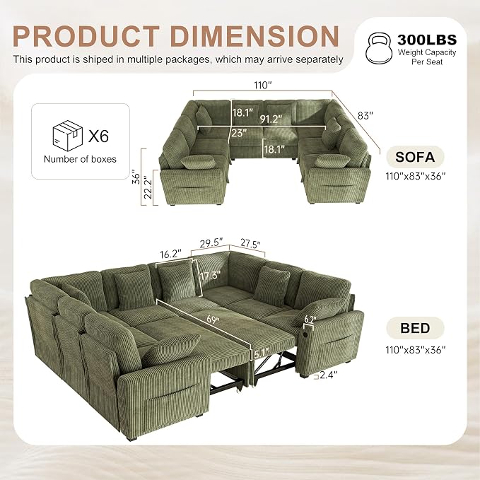 Hanherry Sectional Sofa with Pull Out Couch Bed, Corduroy Sleeper Sofa with 2 - Image 2