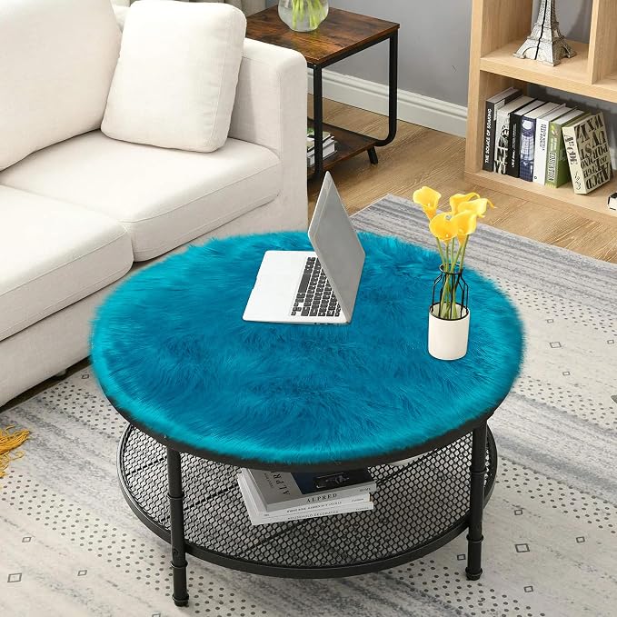 3ft Small Round Blue Rug, Thick Furry Fluffy Carpet - Image 5