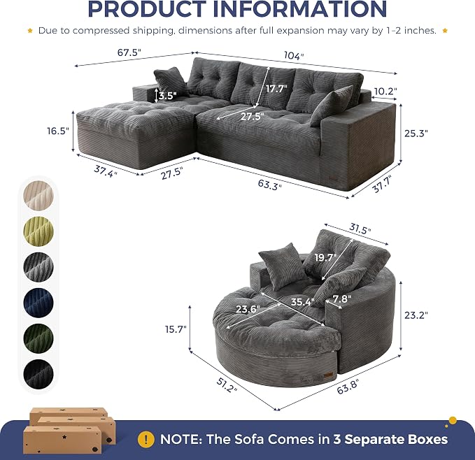 MAXYOYO L Shape Sectional Sofa Couch and Round Chaise Lounge, Modern Cloud Couch - Image 2