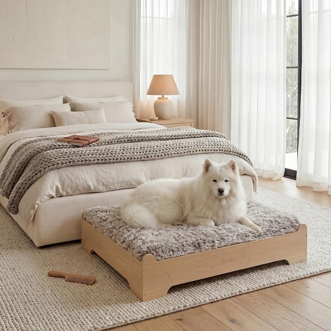 Elevated Wooden Dog Bed with Supportive Cushion & Washable Cover, Sturdy - Image 9