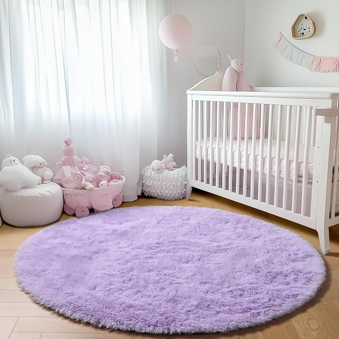 Light Purple Round Rugs 5ft, Fluffy Soft Circle Area Rug - Image 7