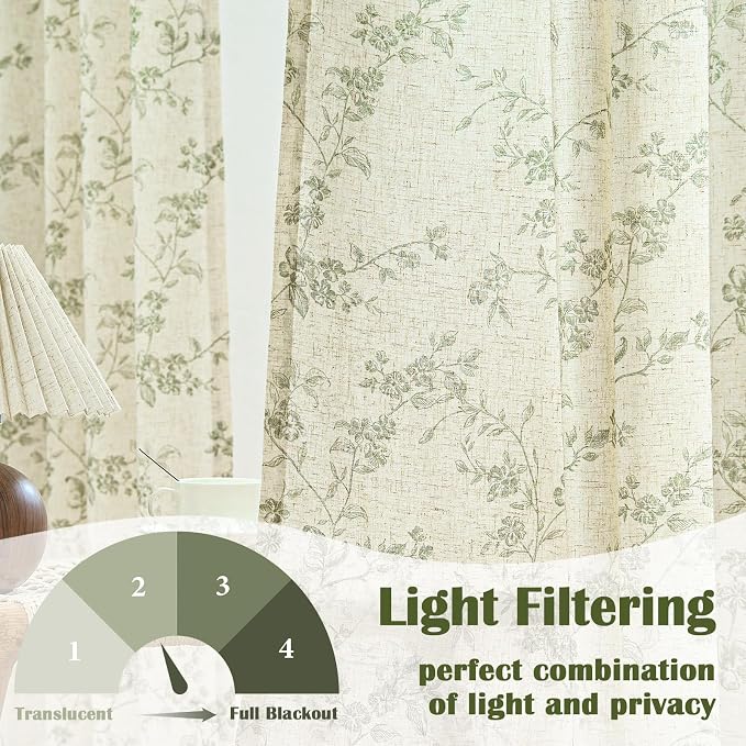 Extra Long Green Vintage Floral Linen Curtains Farmhouse 2 Panels | Elisa - Image 3