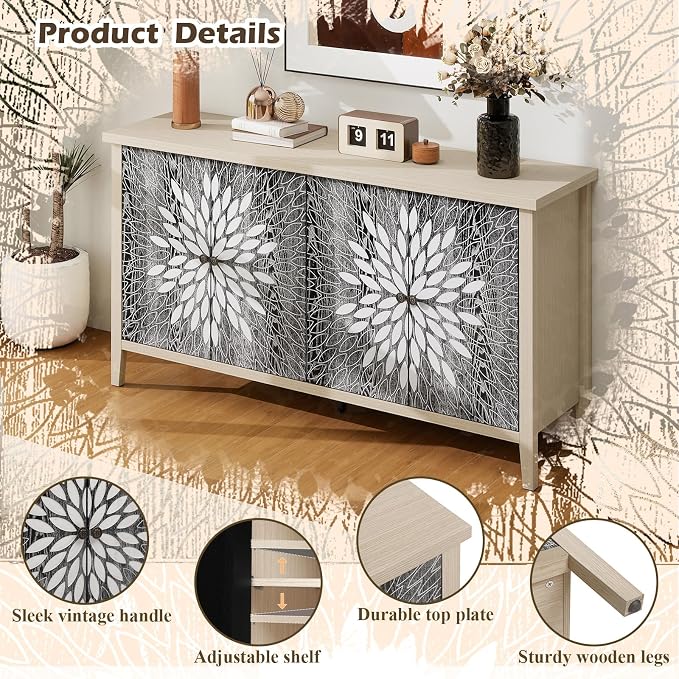 58'' Large Sideboard Buffet Kitchen Storage Cabinet, 4 Door Carved Modern - Image 4
