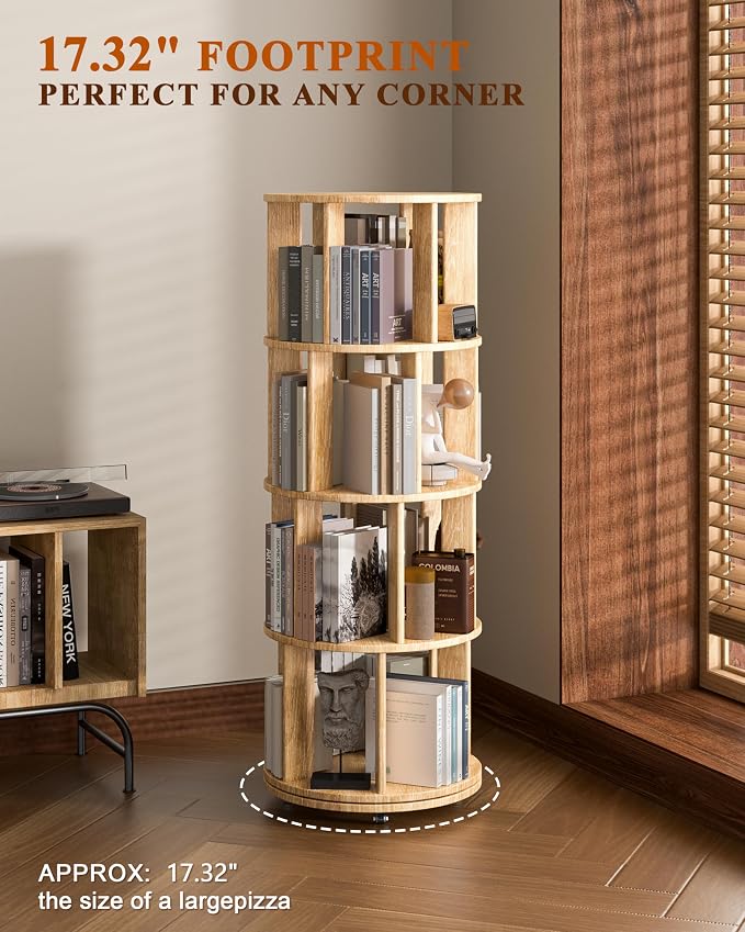 4-Tier Solid Wood Rotating Bookshelf on Wheels, 360° Spinning Book Shelf Tower - Image 6