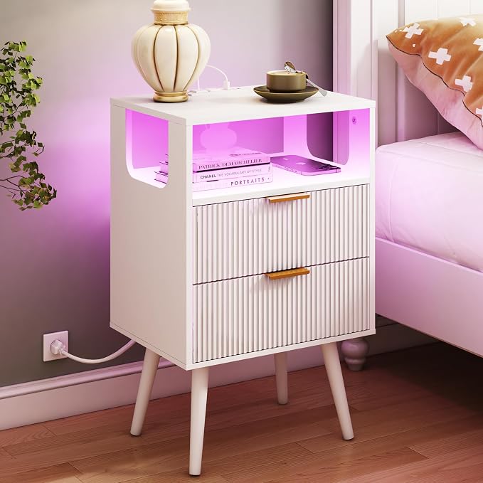 JOONEE White Nightstand with Charging Station and LED Lights, Modern Bedside by JOONEE