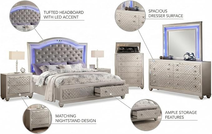 First of a Kind Shiney Contemporary 5 Piece Queen Bedroom Set High Gloss Silver - Image 3