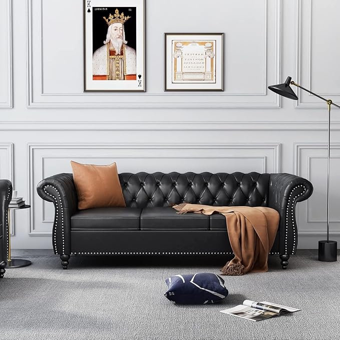 Mid-Century 3 Seater Sofa, Faux Leather Couch - Image 3