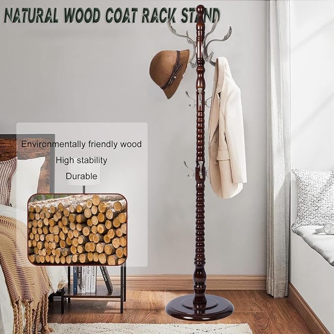 73" Wooden Coat Rack Stand, Coat Racks Freestanding - Image 3