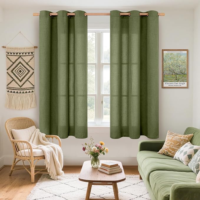 YoungsTex Olive Green Linen Curtains 45 Inch Length 2 Panels - Image 2