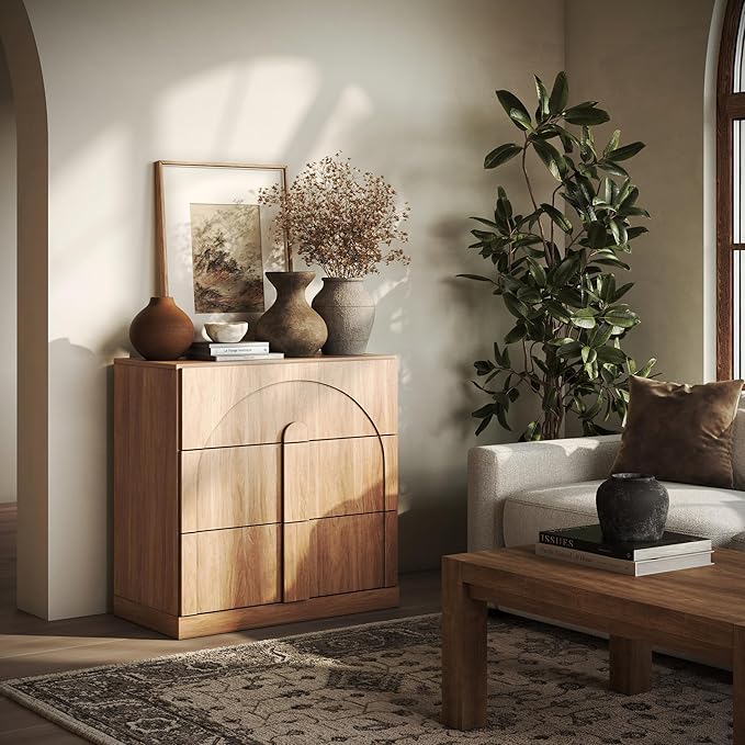 BELLEZE Sideboard Cabinet with 3 Drawers, Modern Wood Buffet Cabinet with Arc - Image 5