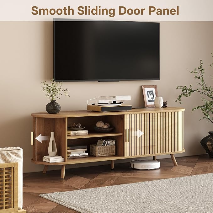 55 inch TV Stand with Power Outlet, Fluted Entertainment Center - Image 3