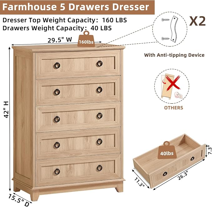 Joaxswe Farmhouse 5 Drawer Dresser - Image 2