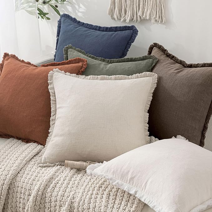 MIULEE Boho Linen Fringe Decorative Fall Throw Pillow Covers Coffee 18x18 | Set - Image 6