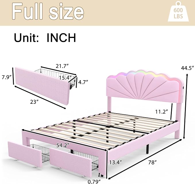 Full Upholstered Bed with 2 Drawers, Charging Station and LED Lighting - Image 8