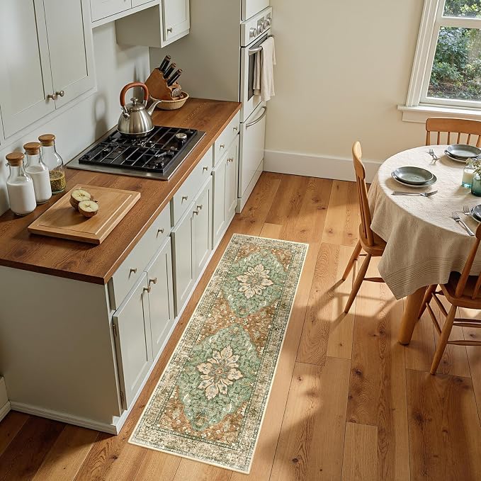 RELEANY Washable Area Rug, Runner 2'x5', Brick/Brown/Green | Non-Slip, Water - Image 2