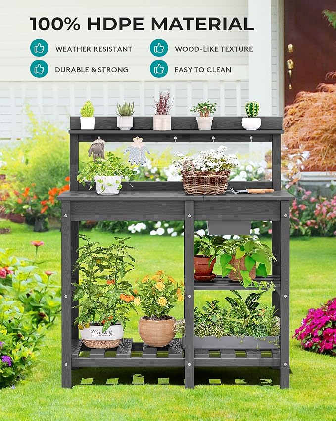 SERWALL Outdoor Potting Bench 2-Piece Set, Rot-Resistant HDPE Potting Table - Image 7