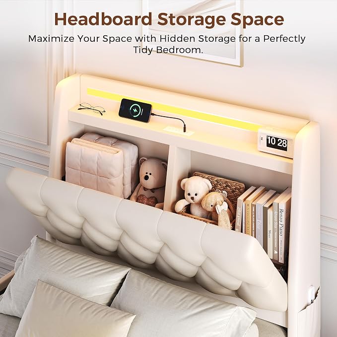 Twin LED Velvet Bed Frame with 2 Storage Drawers&Hidden Headboard, Upholstered - Image 4